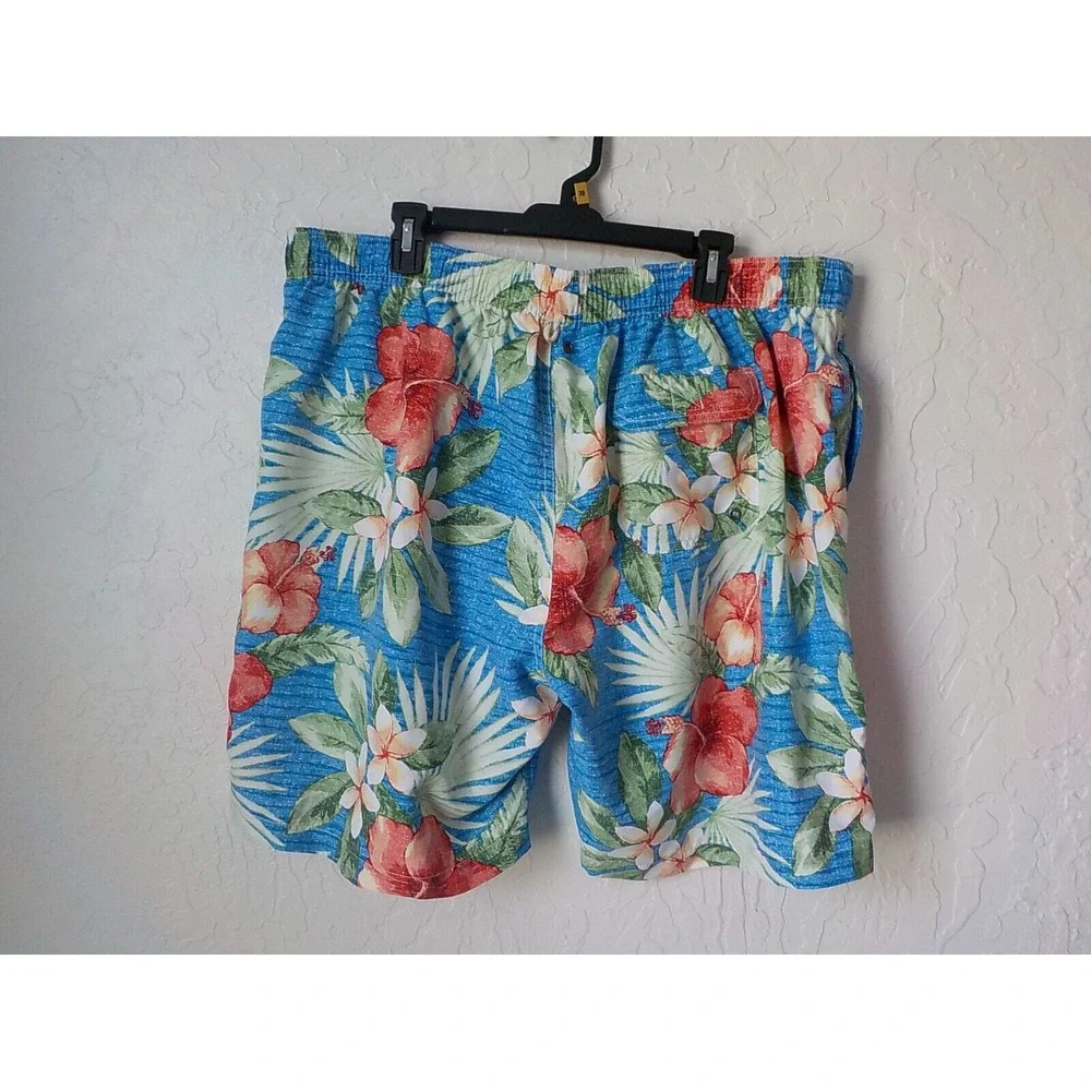 Caribbean Joe Blue Swim Shorts Trunks Men size 2X Hawaiian Floral Elastic Waist